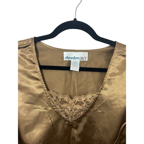 Denim 24/7 Lace Trim Top Brown Tank Cami Camisole 16W Y2K Gold Sleeveless Satin - Picture 3 of 8